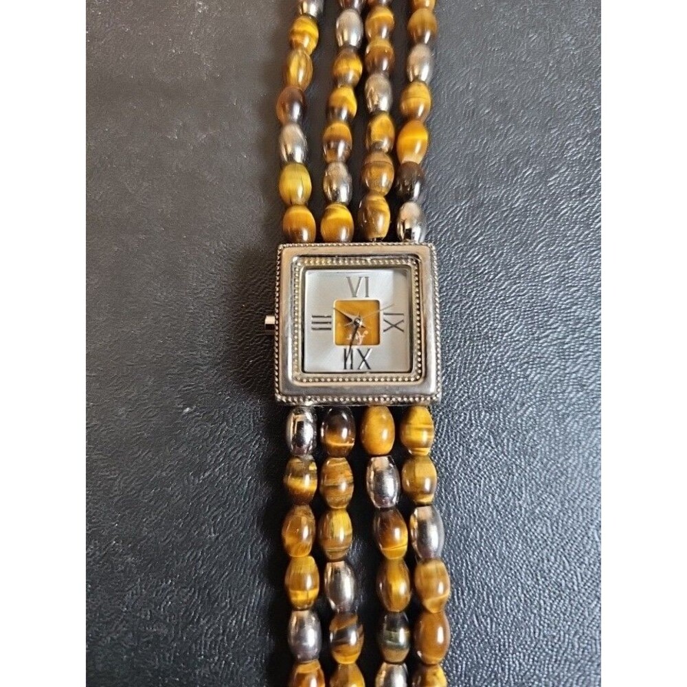Aria Women's Tiger Eye Beaded Bracelet Watch Square Face 29-310 New Battery